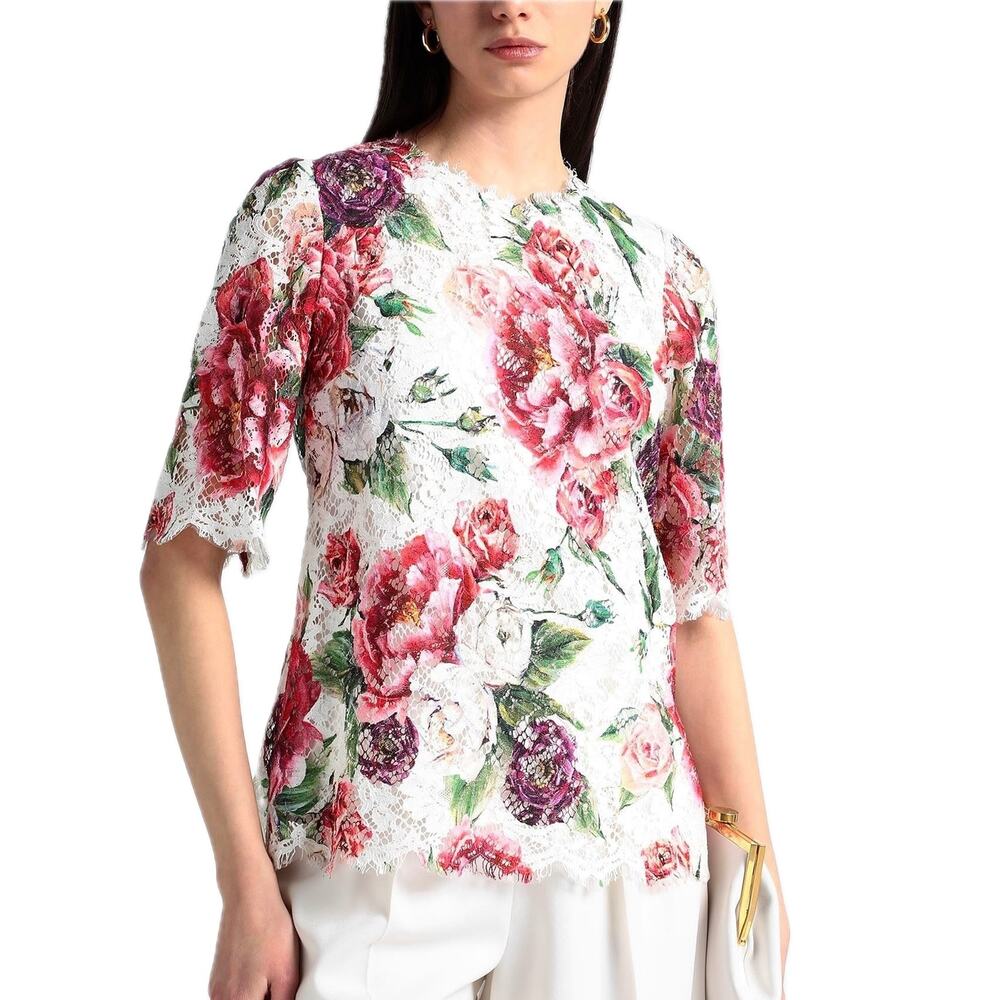 NWT Dolce & Gabbana Pink Floral Print Lace Top Blouse IT 42 M